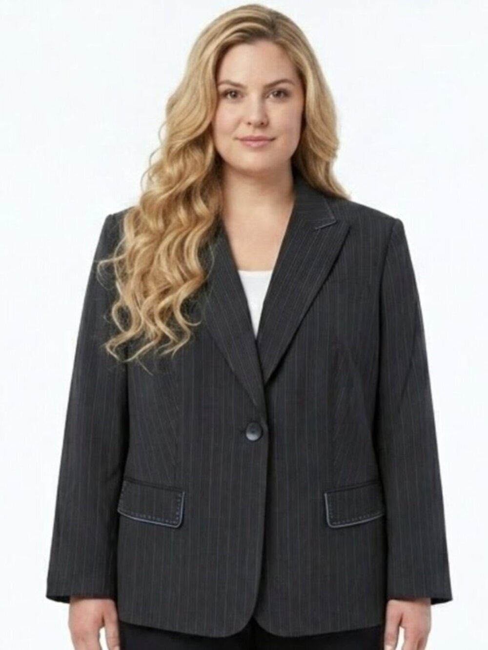 Tahari ASL Blazer Size 22W Black Blue Pinstripe Thick Stitch Trim Flap Pockets